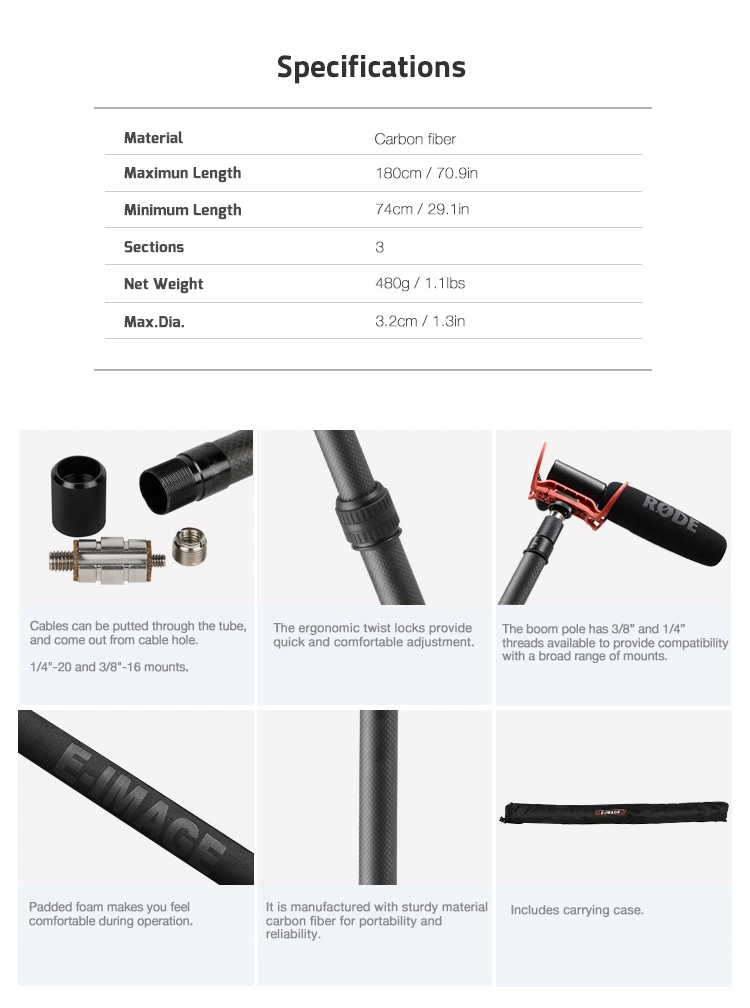 E-Image 3 Sections Carbon Fiber Telescopic Microphone Boom Pole (BC06)